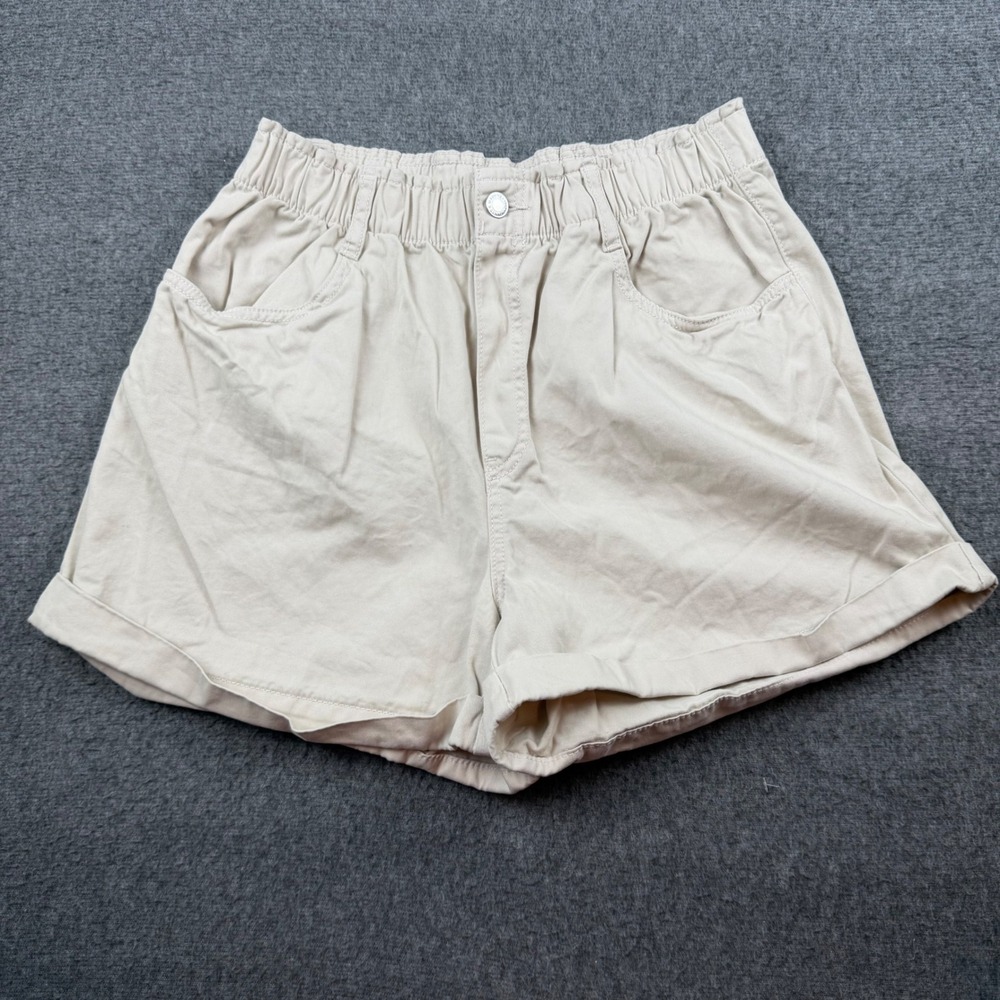 H&M Shorts Women's Medium Beige High Waisted Elastic Waist Cuffed Cotton Khaki